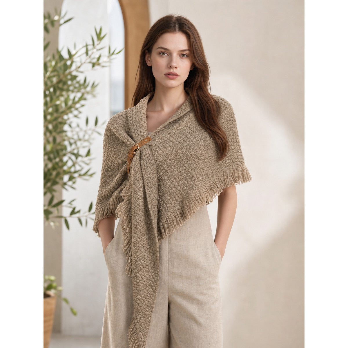 Triangular Wool Shawl with Fringe, Milk Coffee