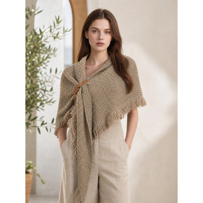 Triangular Wool Shawl with Fringe, Milk Coffee