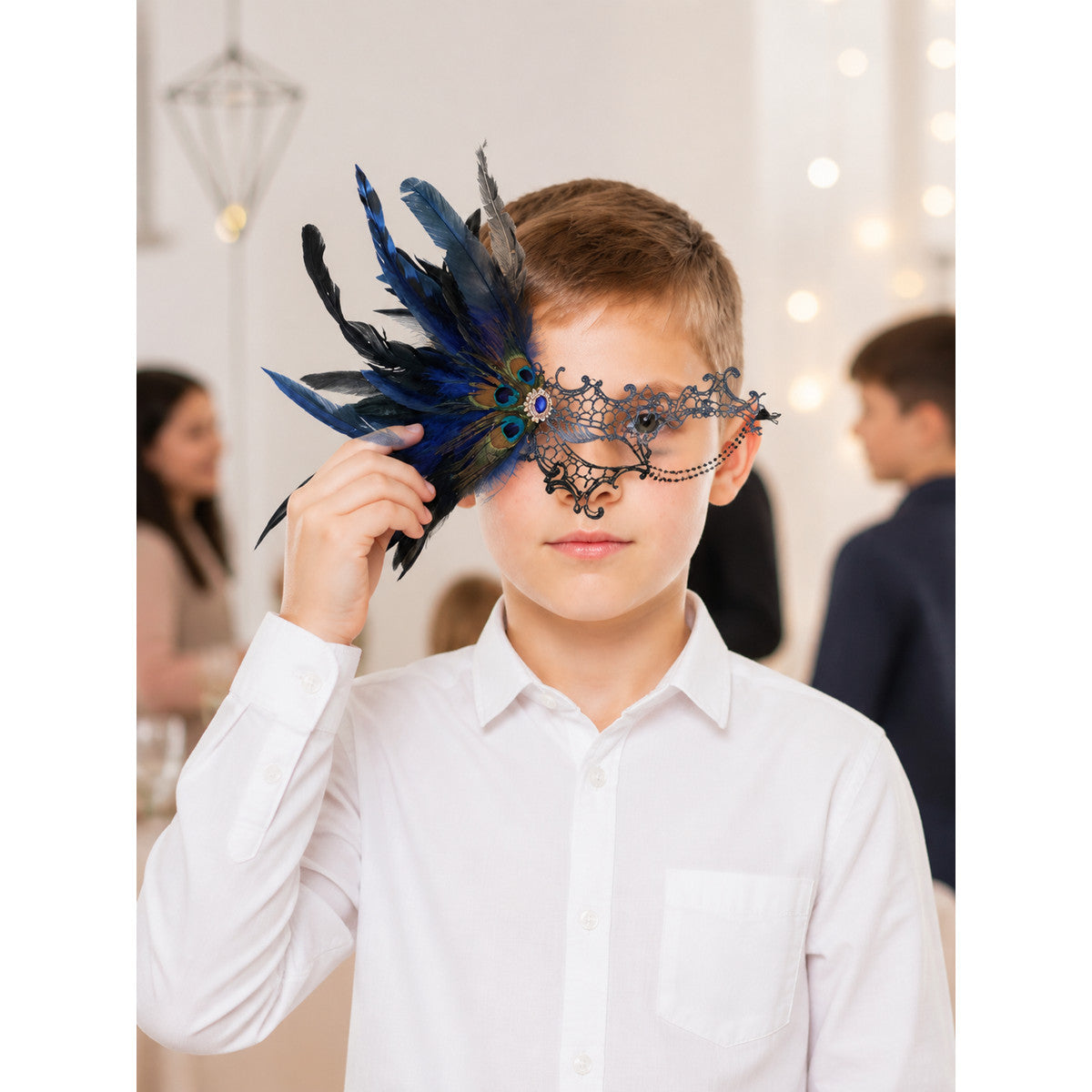 Lace Carnival Mask with Feathers for Halloween lifestyle view