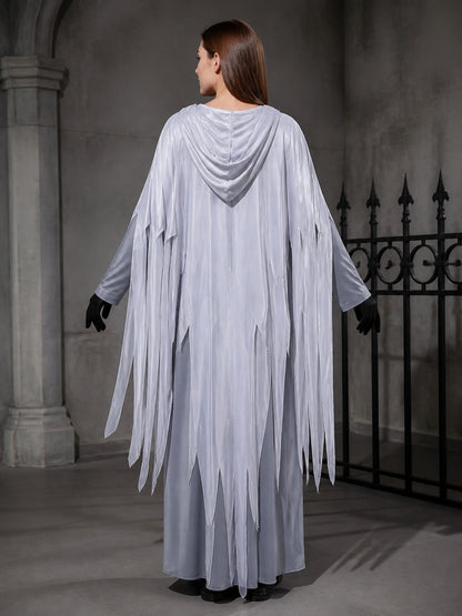 Ghostly Gray Grim Reaper Hooded Full Body Costume with Tattered Fringes