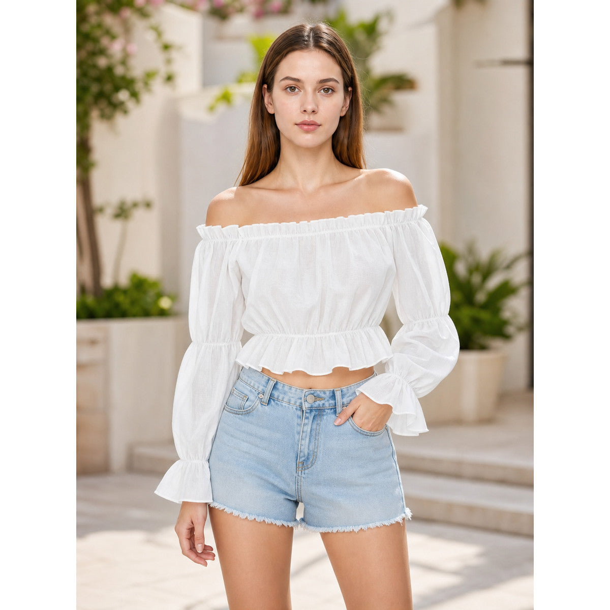 White Cropped Off-the-Shoulder Blouse