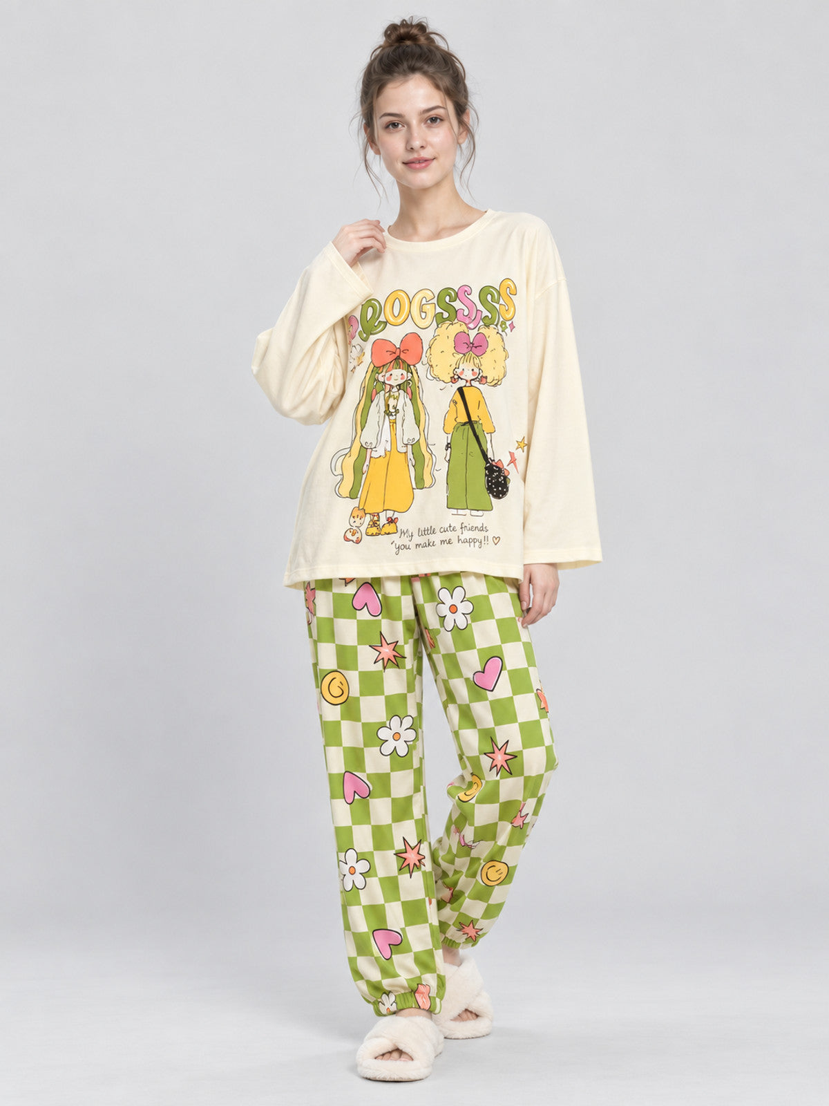 Pajama Set with Cartoon Print and Plaid Pants