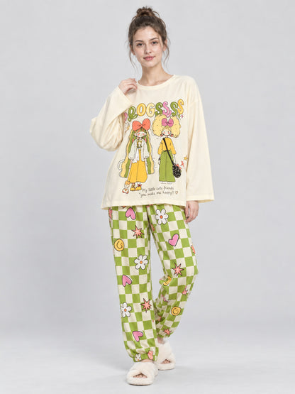 Pajama Set with Cartoon Print and Plaid Pants