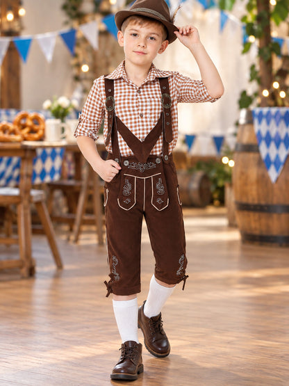 Brown Knee-Length Suspender Pants with Embroidery
