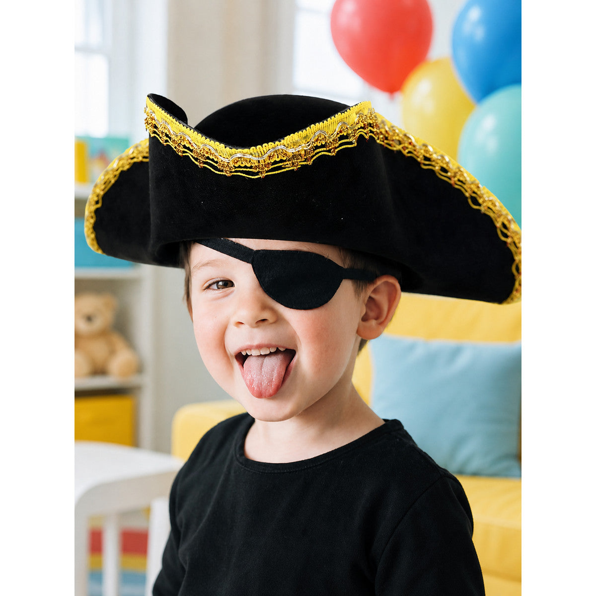 Children's black pirate tricorn hat with decorative gold trim for costume play and themed events lifestyle