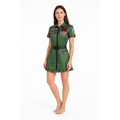 Women's pilot dress with U.S. flag, patches, and zipper, green Costume Dresses detail