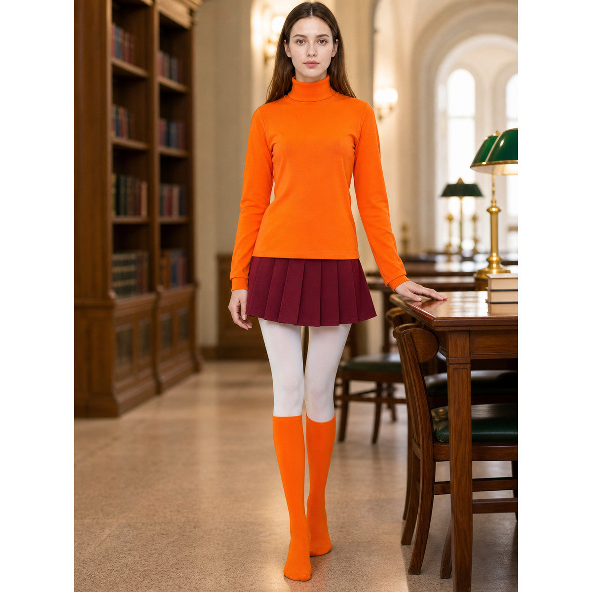 Velma Scooby-Doo cosplay costume, top and skirt lifestyle view