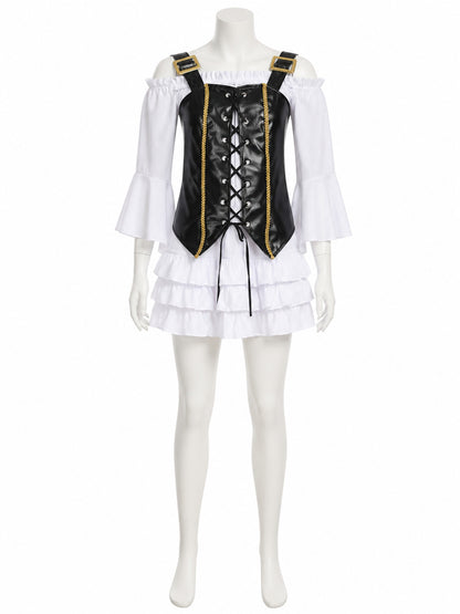 Girl's Pirate Costume Set with Corset Top, Ruffle Skirt & Hat, Black & White main product view
