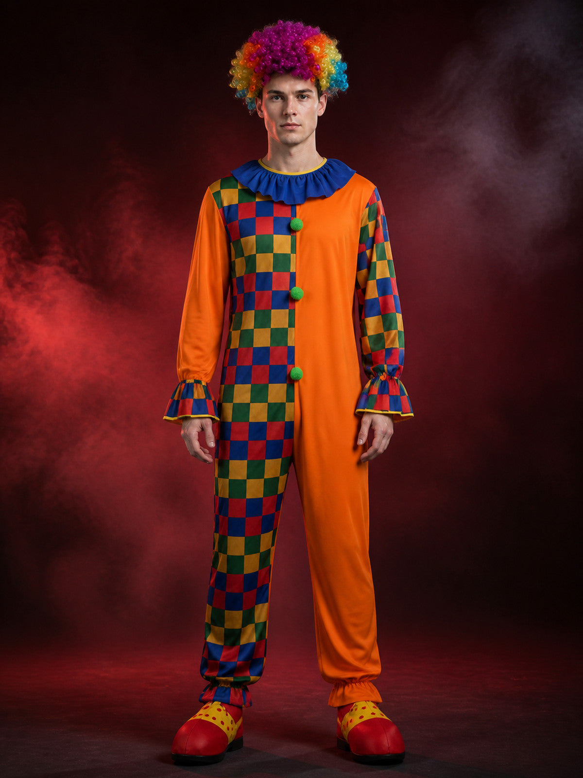 Adult Clown Jumpsuit Costume, Multicolor Checkered Print Bodysuit for Halloween main product view