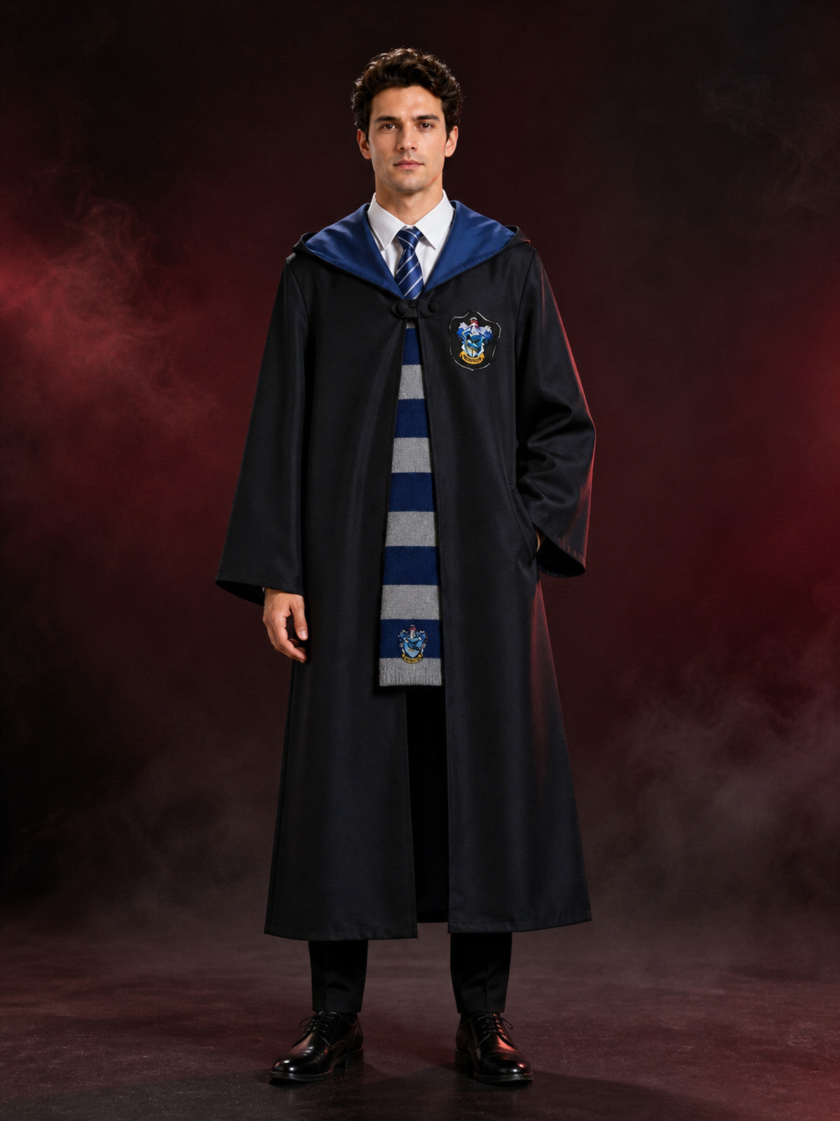 Ravenclaw Wizard Robe Costume Set with Hooded Cloak, Scarf and Tie