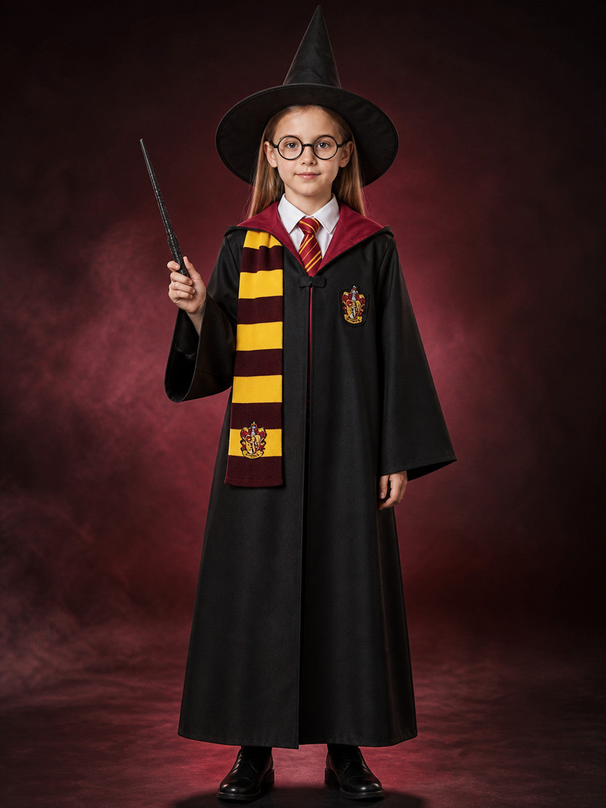 Hooded Wizard Costume Set with Robe, Hat, Scarf, Tie, Glasses, Shirt and Wand main product view