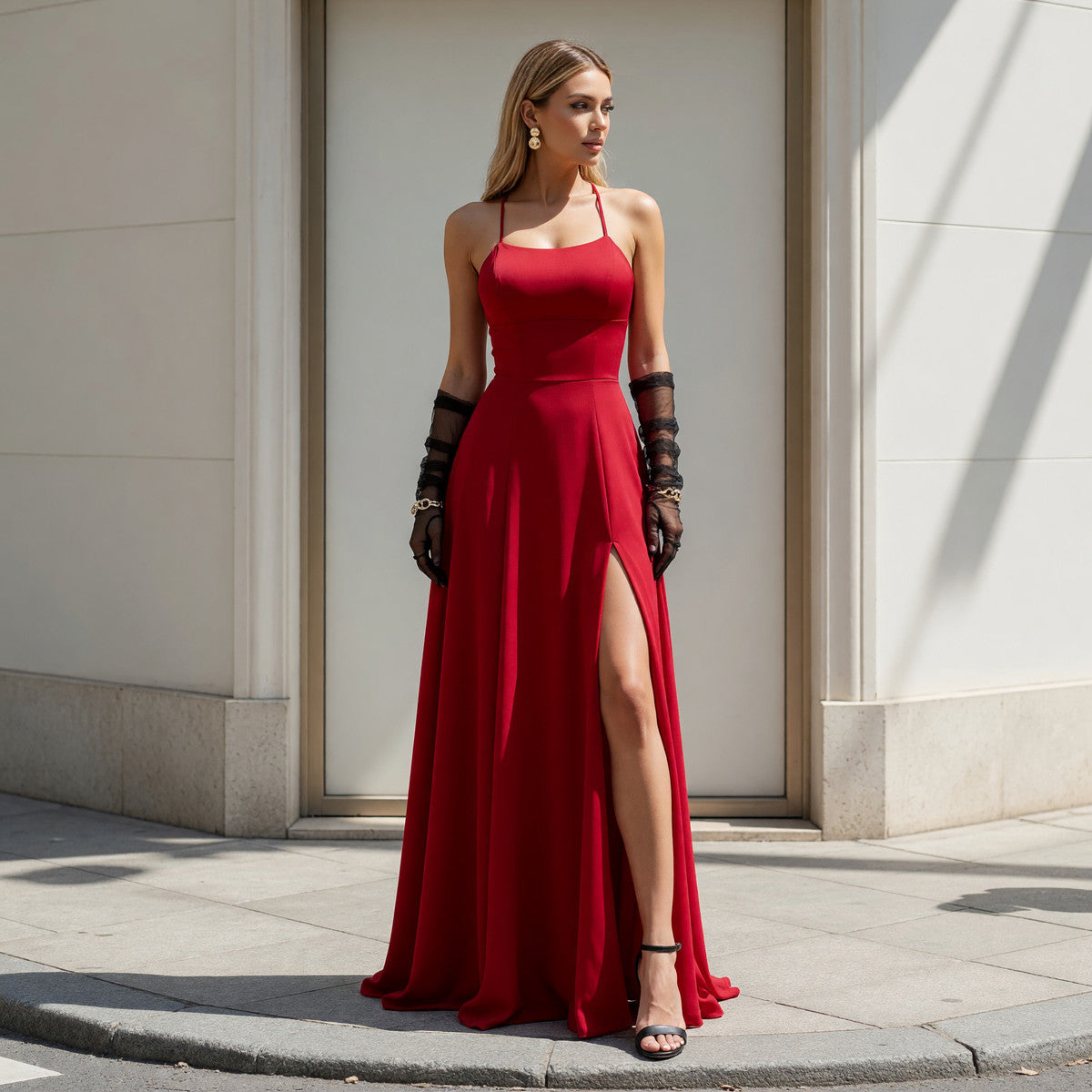 Red Women's Dress with Straps and a High Slit Costume Dresses detail