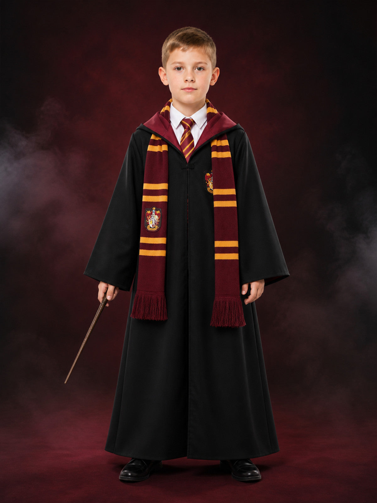 Black Wizard Robe Costume Set With Hooded Cloak, Tie And Tassel Scarf main product view