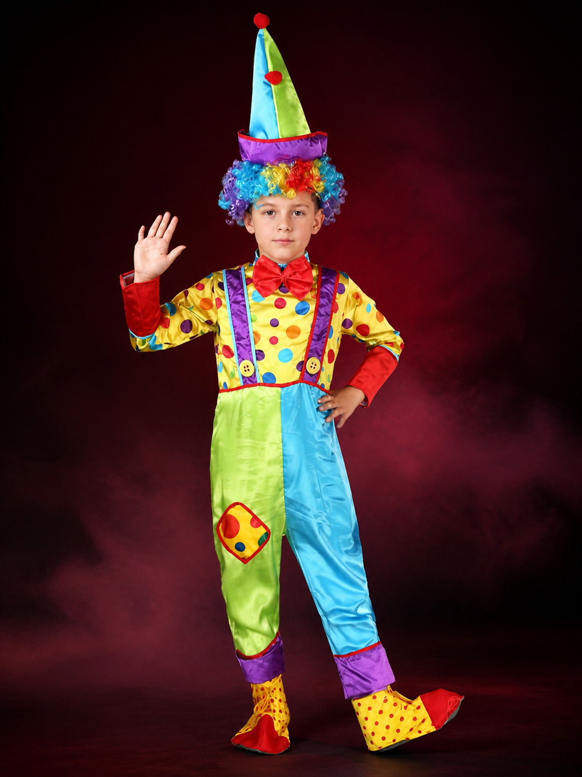 Kids' Colorful Clown Jumpsuit Costume Set with Polka Dots and Pointed Hat main product view