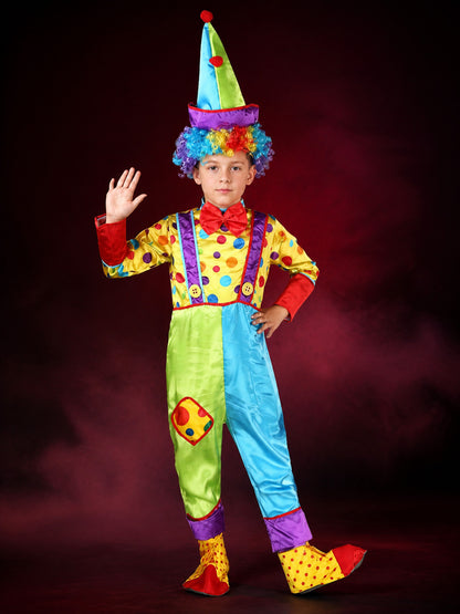 Kids' Colorful Clown Jumpsuit Costume Set with Polka Dots and Pointed Hat main product view