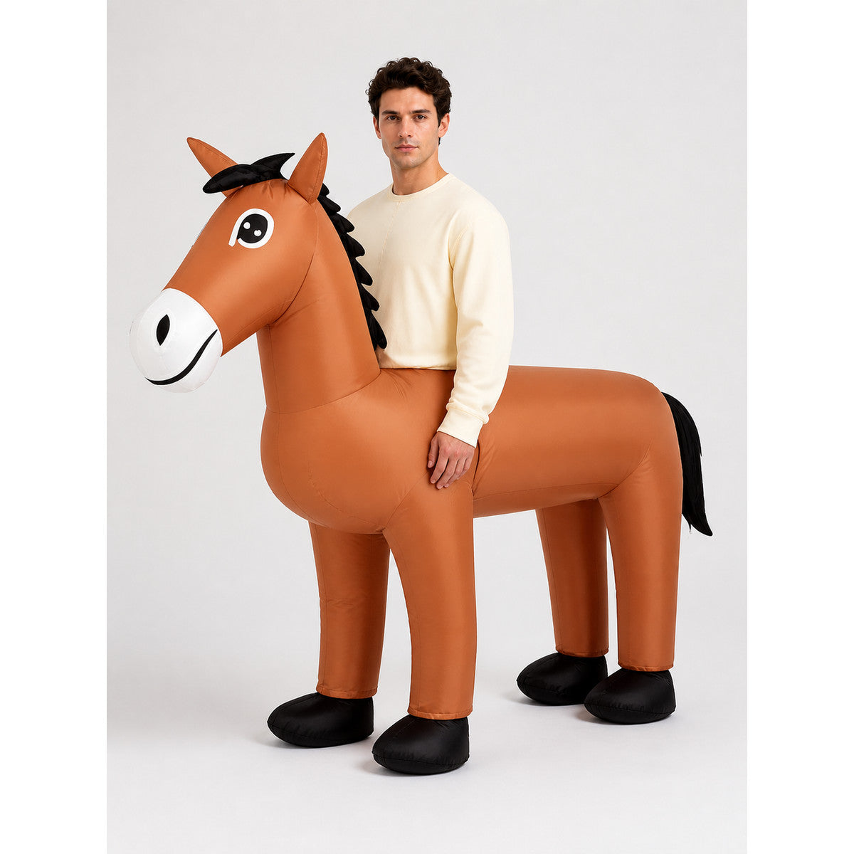 Brown inflatable horse costume with black mane, tail and hooves, three-quarter view