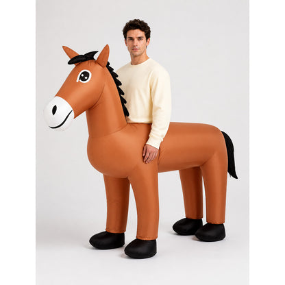 Brown inflatable horse costume with black mane, tail and hooves, three-quarter view