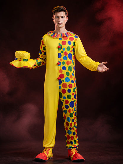 Adult Unisex Clown Jumpsuit Costume Set with Colorful Polka Dots and Ruffle