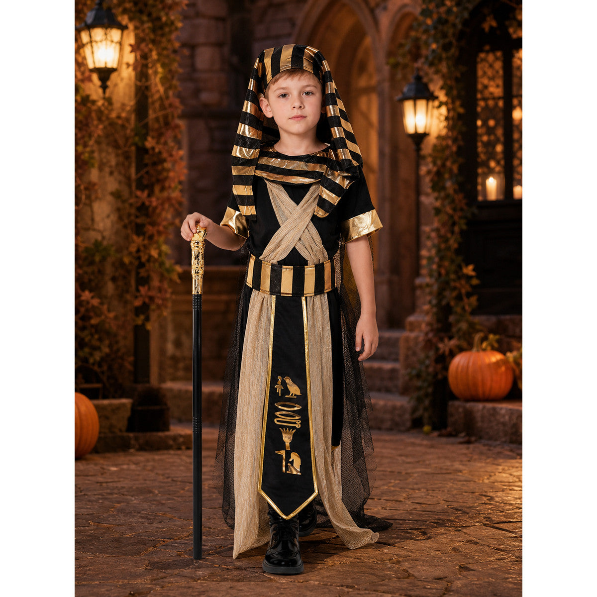 Adult Egyptian Pharaoh Costume Set, 4pcs Robe With Headdress Collar And Waist Belt, Black Gold Cosplay Outfit For Halloween Stage Performance