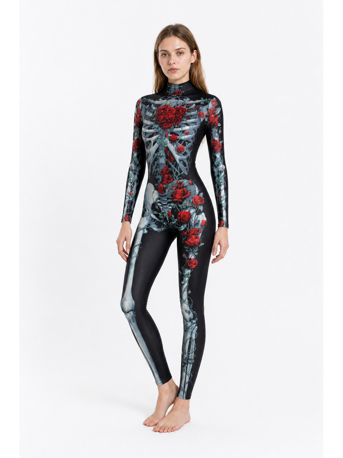 Black Skeleton Jumpsuit with Roses for Halloween Costumes detail