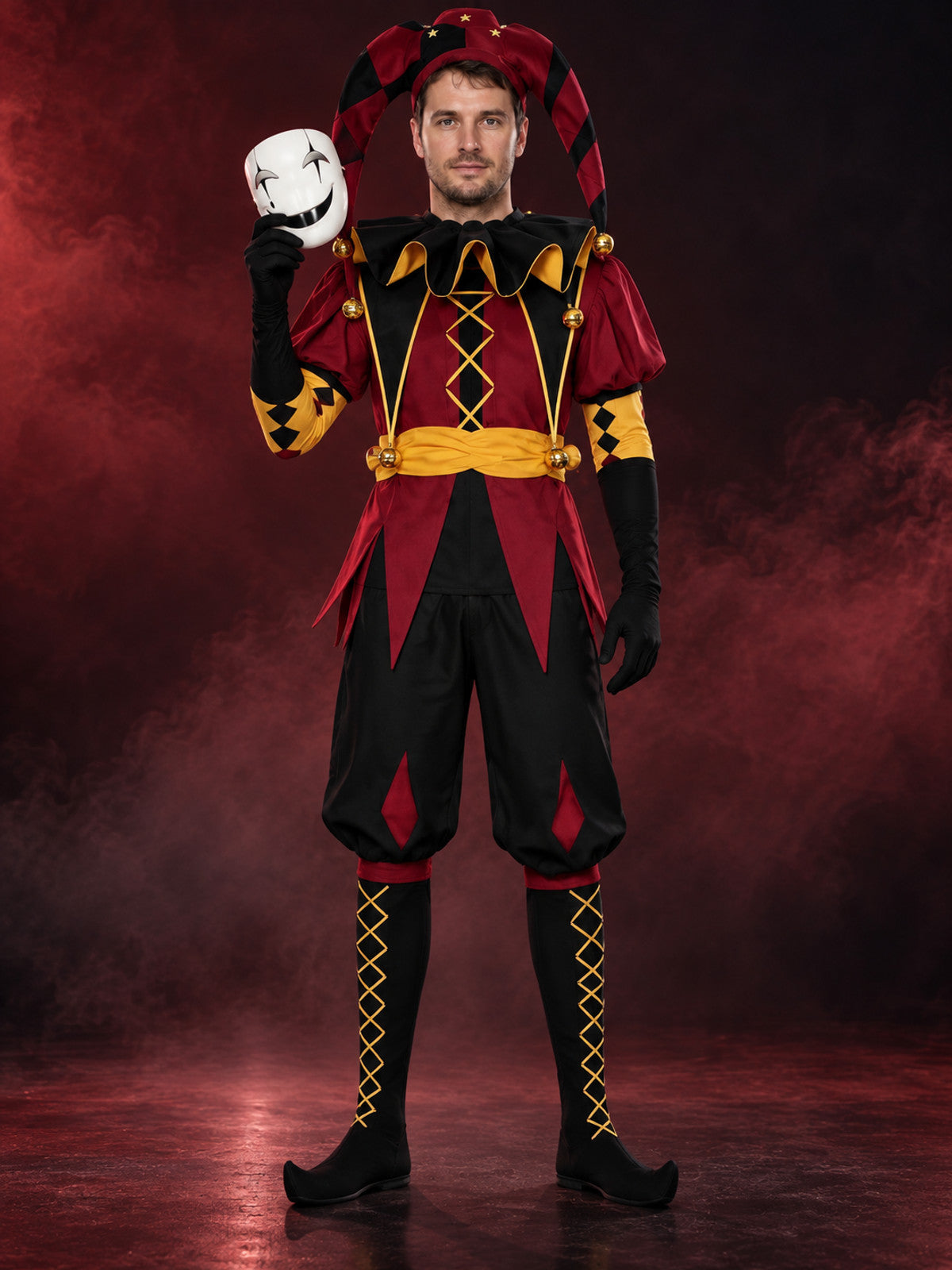 Jester Cosplay Costume with Mask, Hat, Stockings, and Gloves