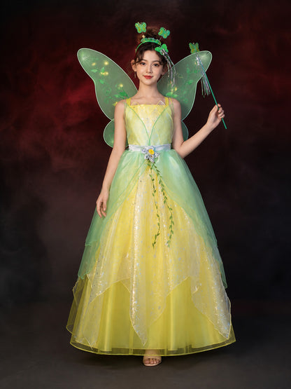 Girl's Fairy Princess Costume Set with Green Dress, Butterfly Wings, Hairband &