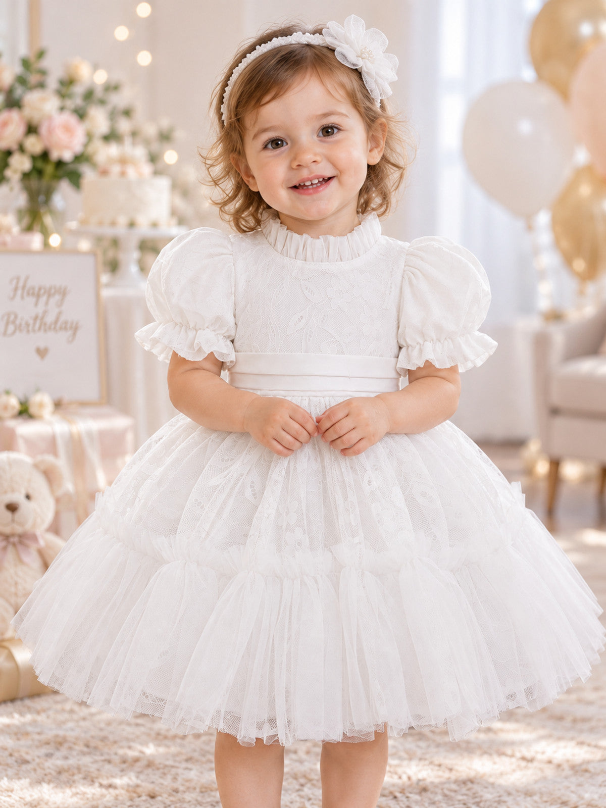 Girls' Dressy White Dress with Lace and Bow
