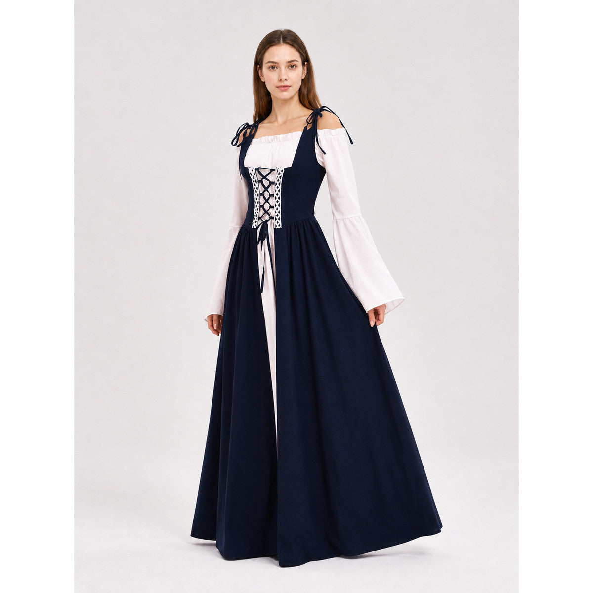 Renaissance-style dress with corset lacing and wide sleeves
