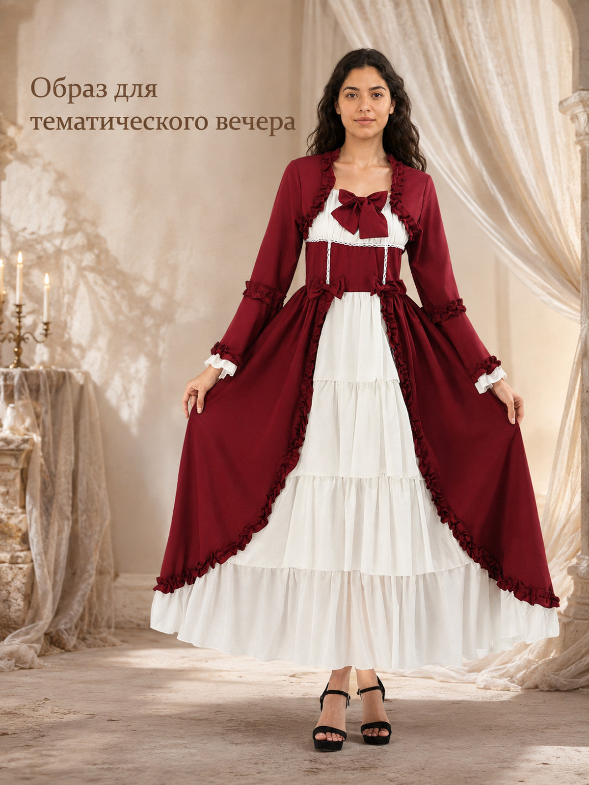 Burgundy Dress with Lacing and Tiered Skirt Costume Dresses detail