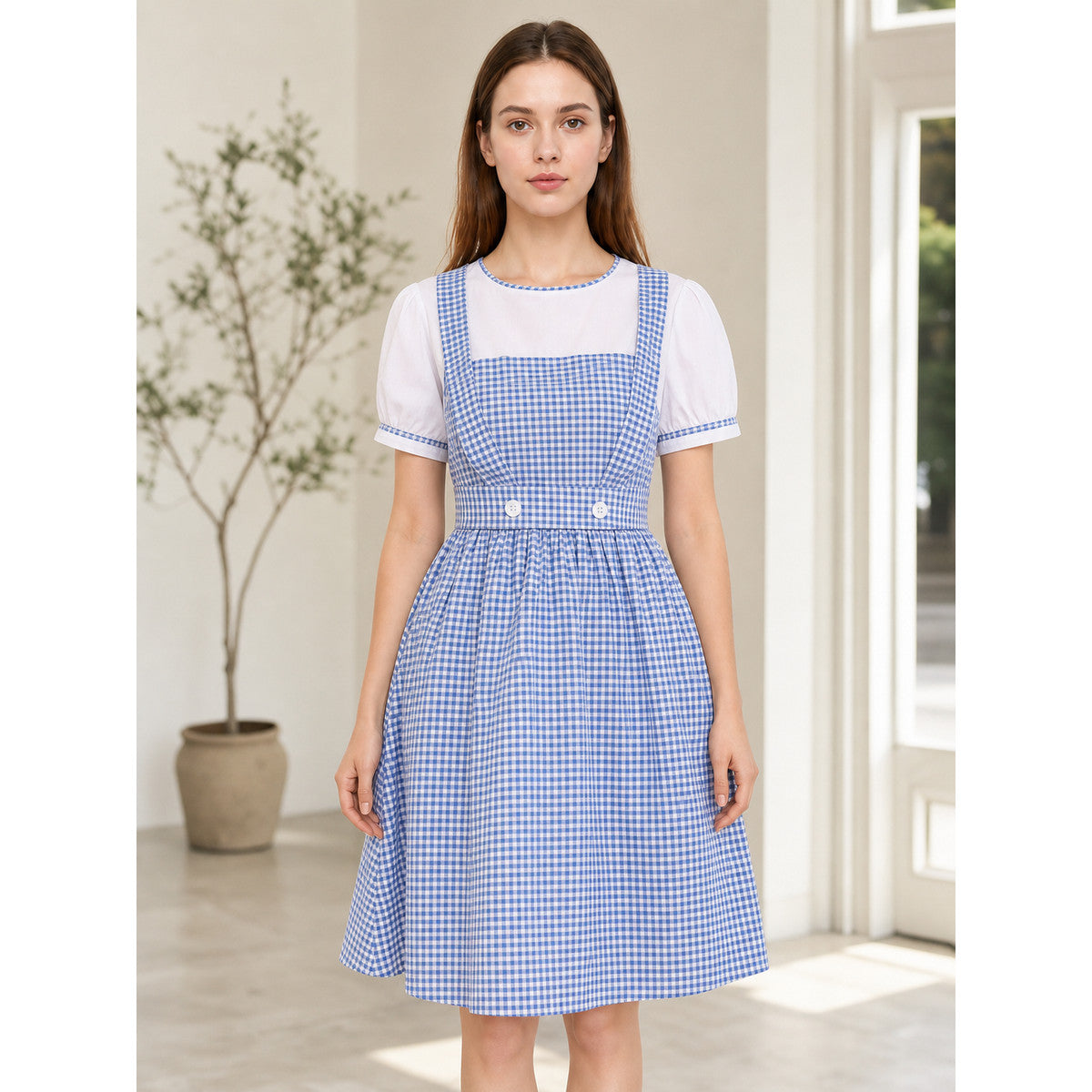 Blue-and-white plaid dress with puff sleeves lifestyle