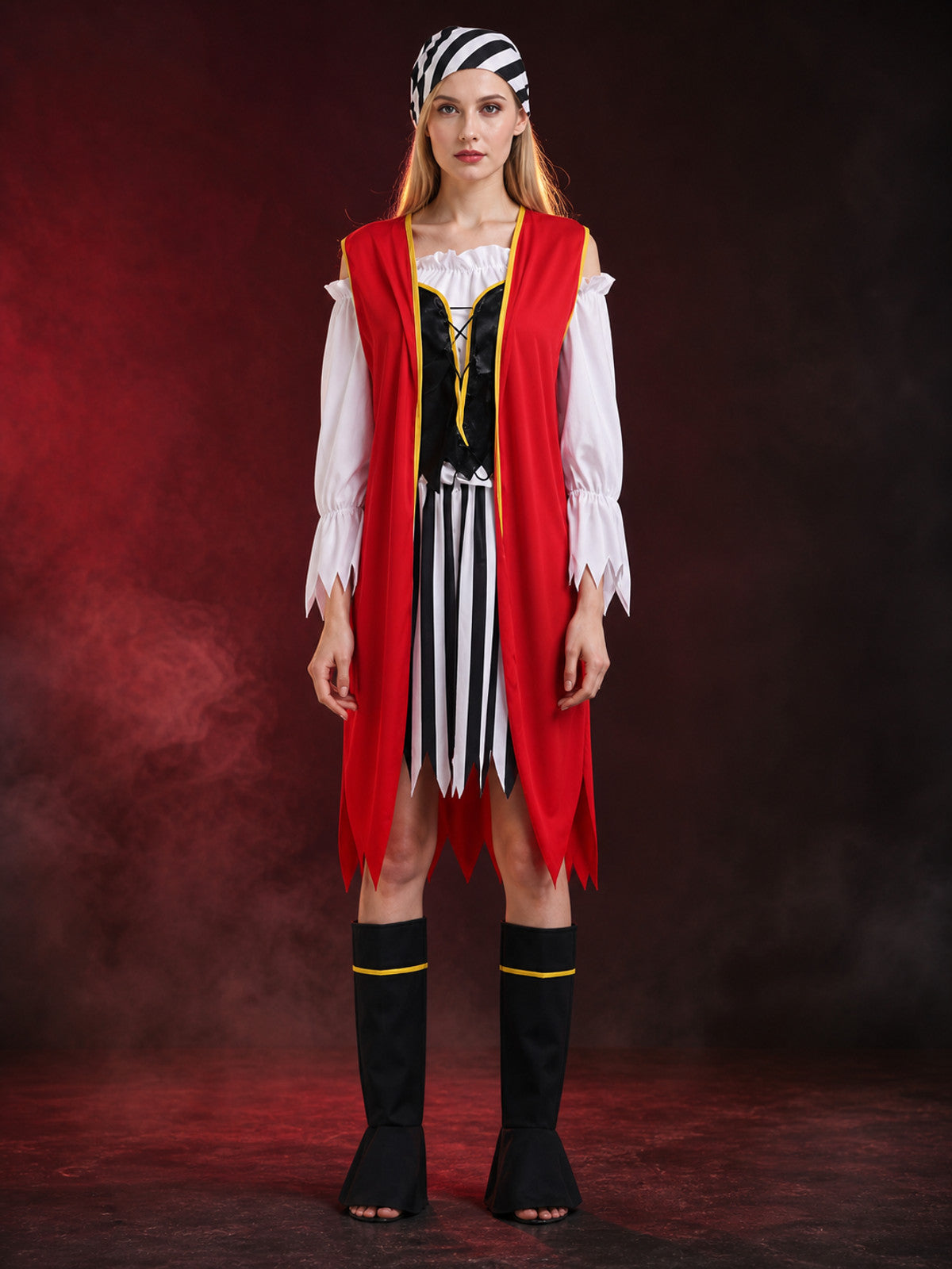 Women's Pirate Costume Set with Striped Dress, Red Cape, Headscarf and Boot