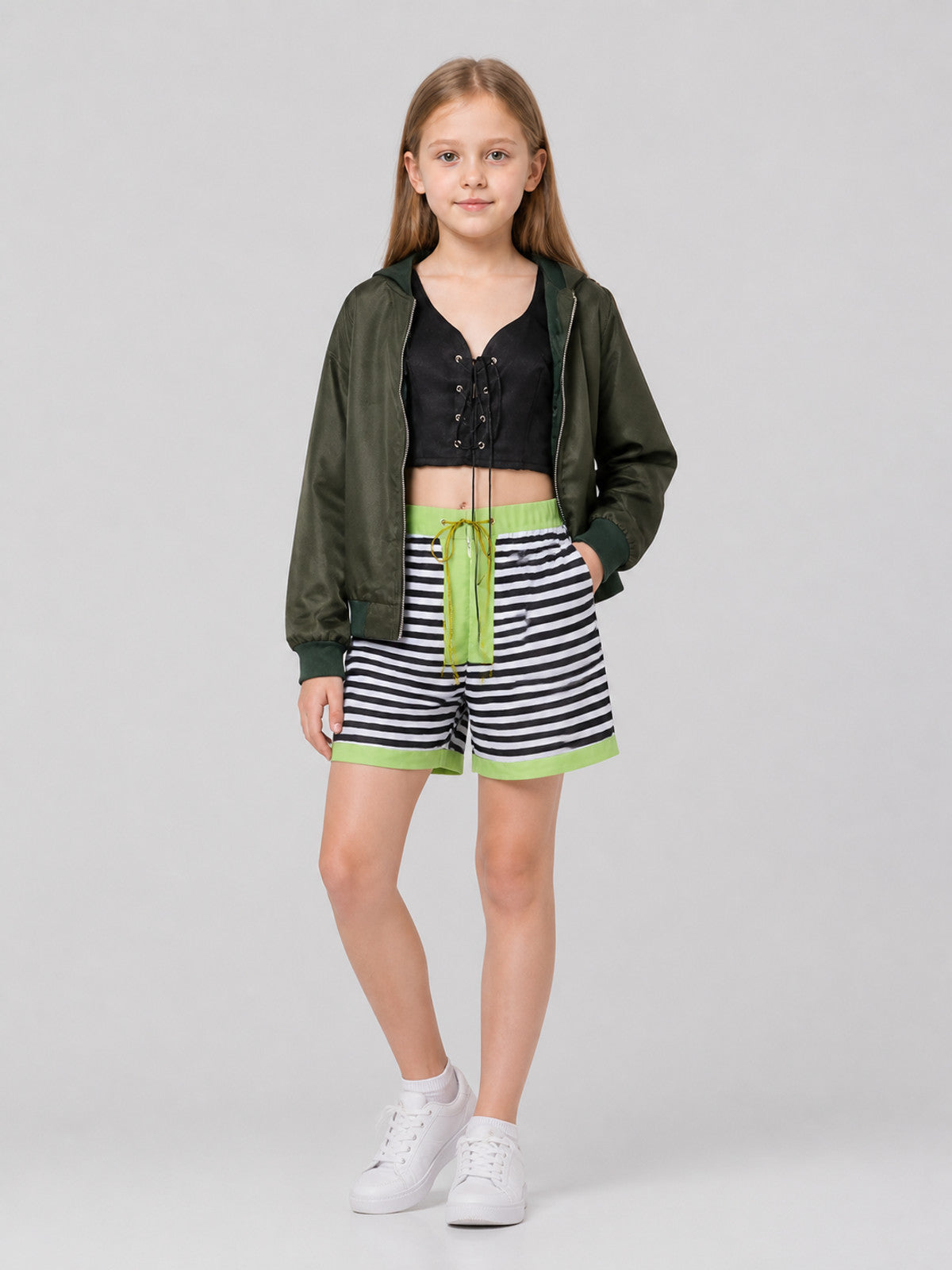 Matilda Cosplay Costume: Olive Jacket, Top, and Shorts Costumes detail