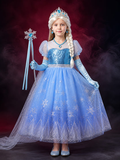 Girls Snow Queen Blue Sequined Puffy Gown Costume Set With Wig And Crown For main product view