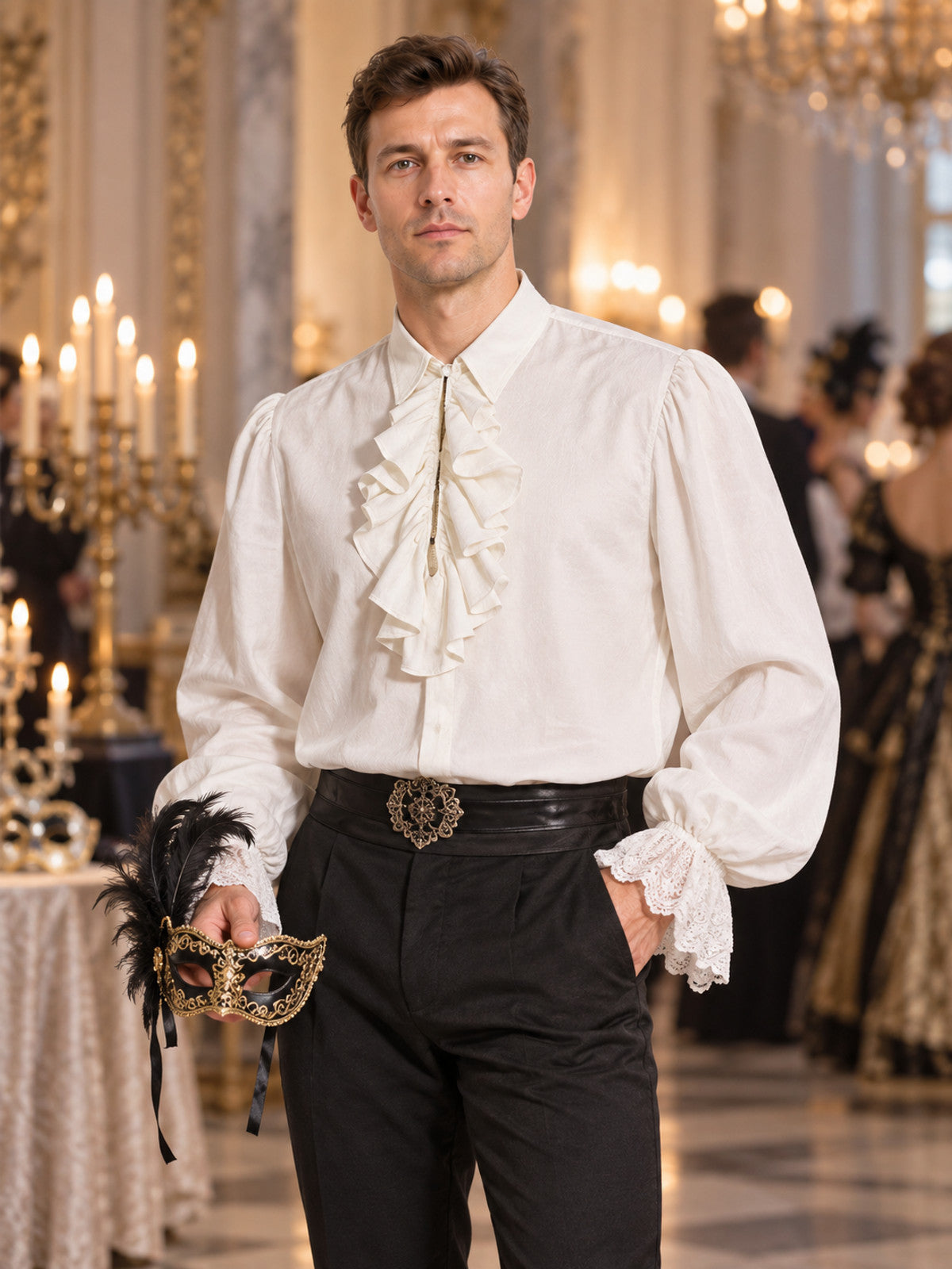 White Renaissance-Style Shirt with Jabot and Lace