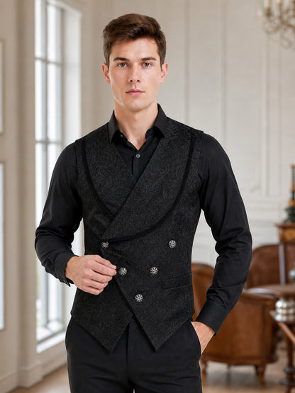 Elegant black sleeveless vest with a jacquard pattern, inspired by vintage lifestyle view