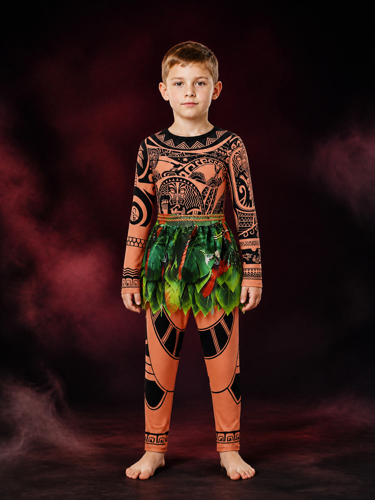 Boys Polynesian Tribal Print Bodysuit Costume with Green Leaf Skirt, Halloween main product view