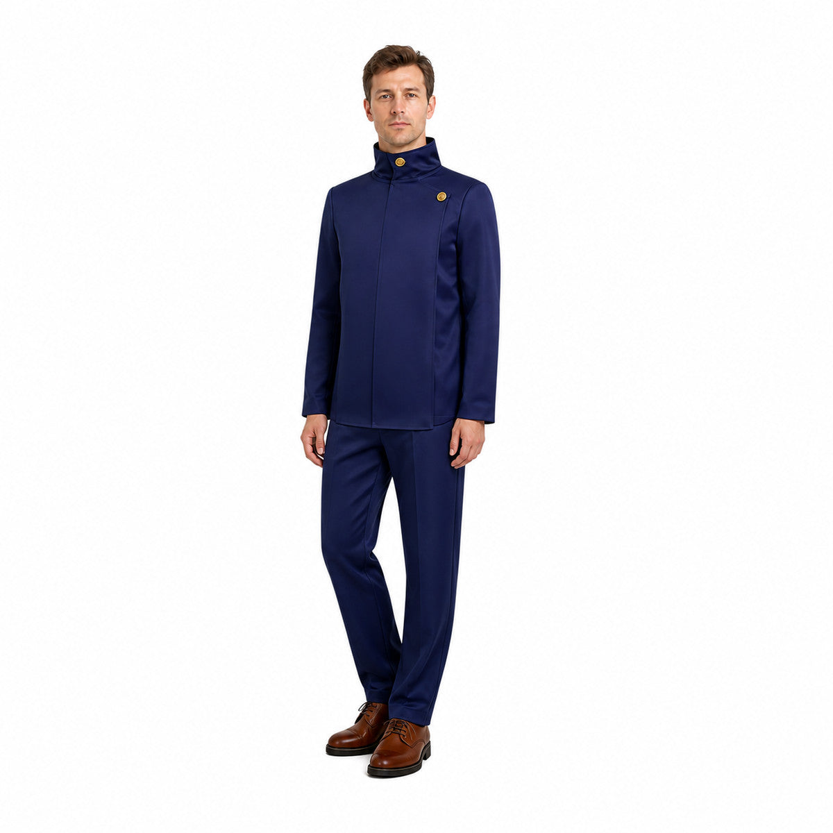Jujutsu Kaisen Costume, Blue with Gold Buttons on-model front view