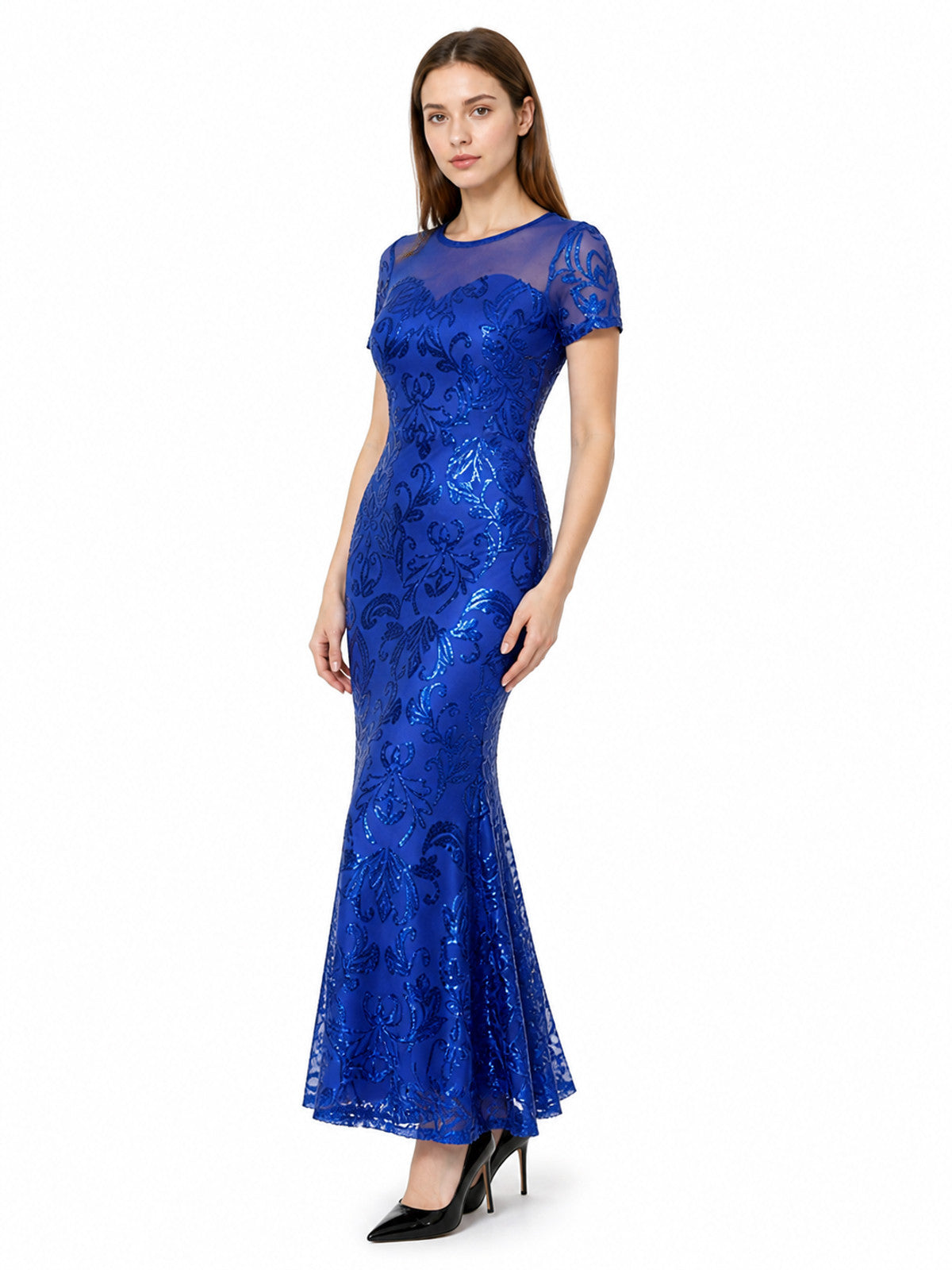 Long Blue Floral Dress with a Fitted Bodice and Flared Skirt Costume Dresses detail