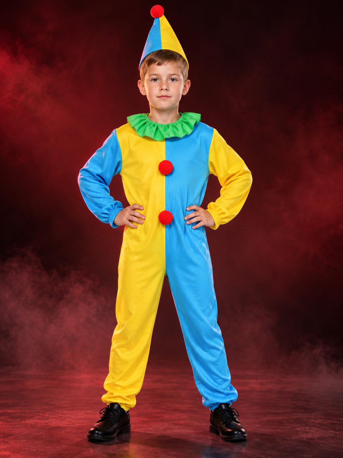 Kids' Clown Costume Blue and Yellow with Hat