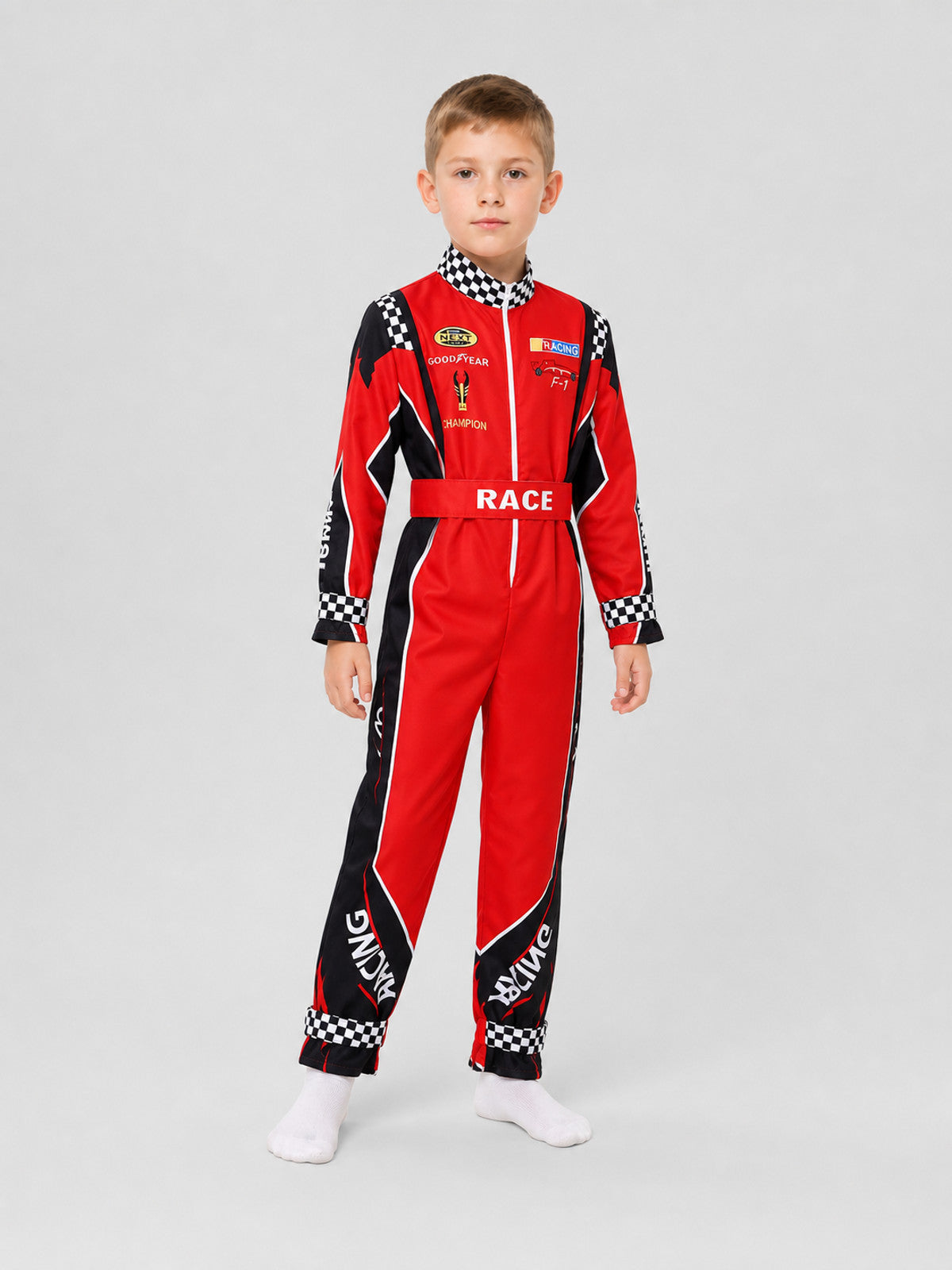 Racing Jumpsuit with Belt, Red, White, and Black product detail