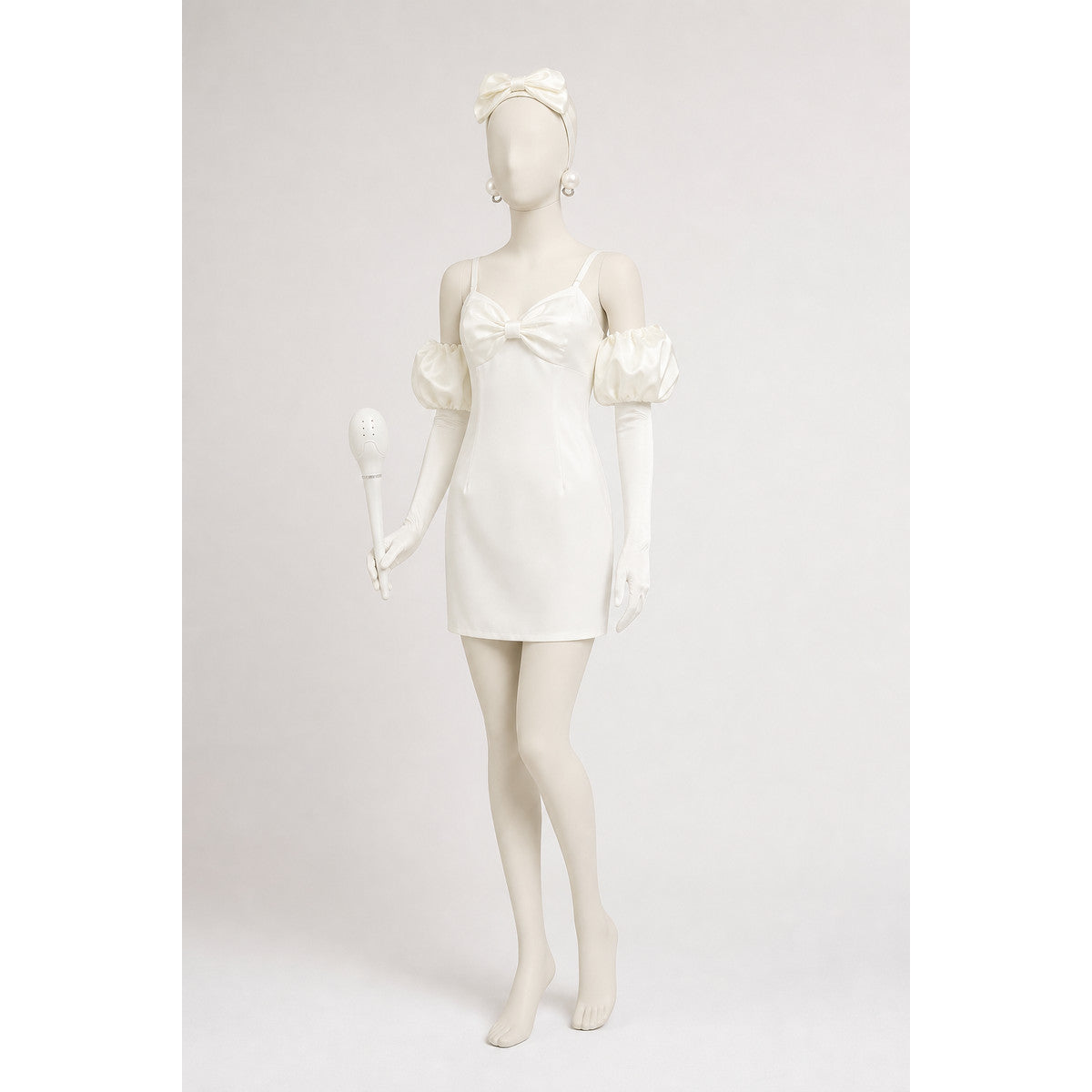 White Short Dress with Bow and Puffy Sleeves Costume Dresses detail