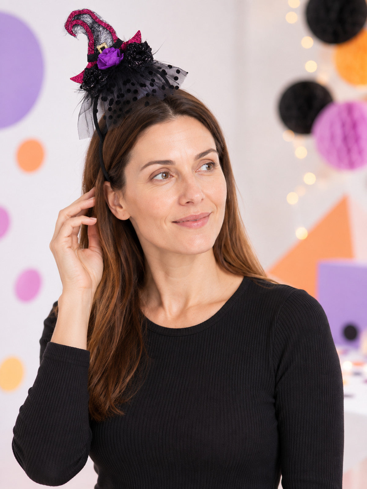 Carnival Witch Hat Headband with Flower, Veil, and Bow