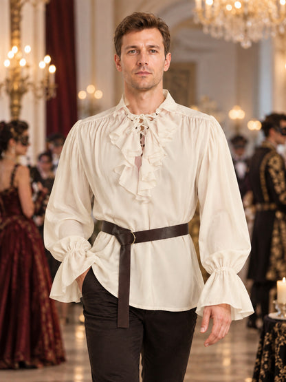Beige shirt with a jabot, puffed sleeves, and a belt