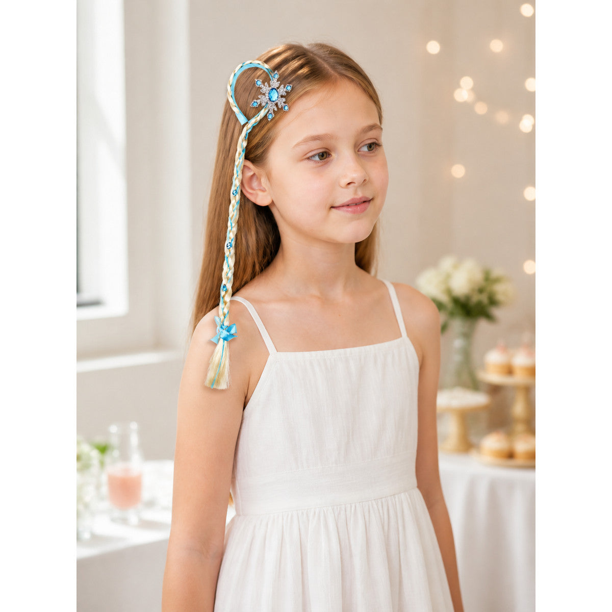Light Blue Halloween Wig with Golden Braids lifestyle view