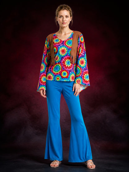 Retro Hippie Tie-Dye Fringe Two-Piece Costume Set With Bell-Bottom Pants main product view