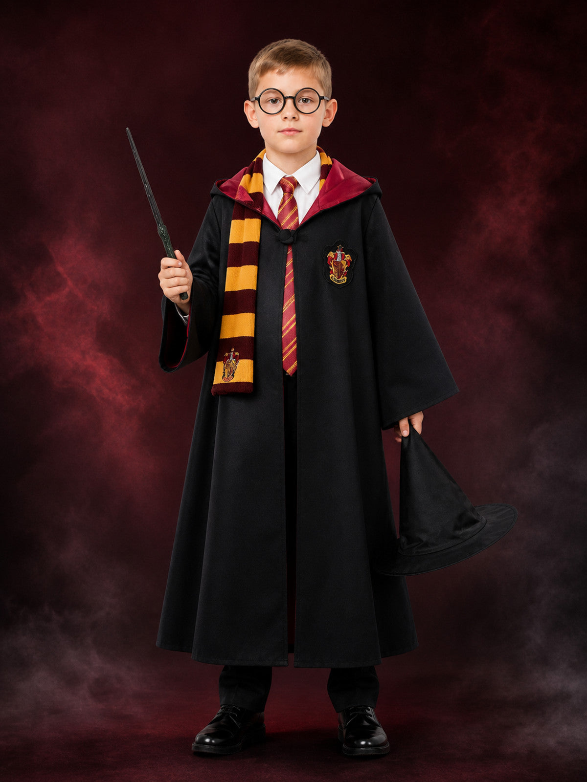 Wizard Magic School Costume Set with Cape, Hat, Scarf, Tie, Glasses, Wand & main product view