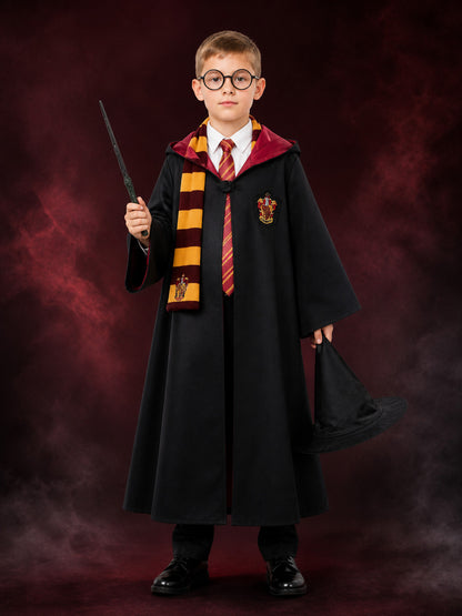 Wizard Magic School Costume Set with Cape, Hat, Scarf, Tie, Glasses, Wand & main product view