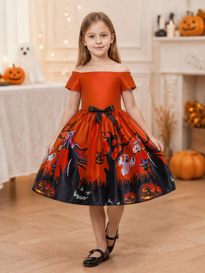 Orange children's dress with a Halloween print lifestyle view