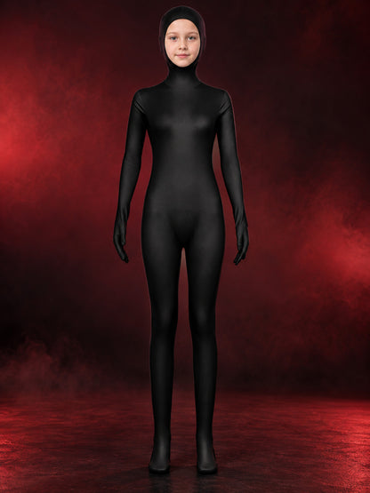Black form-fitting jumpsuit with zipper and long sleeves