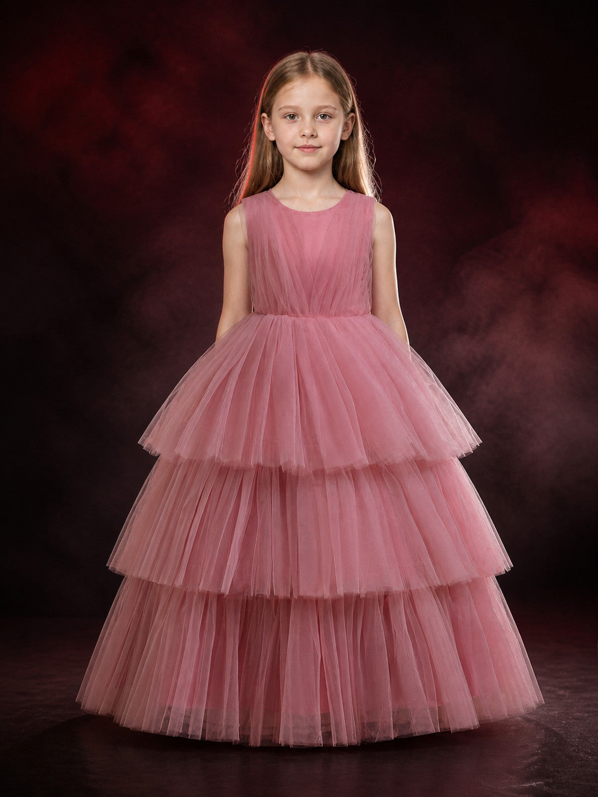 Girls' Pink Princess Dress, Sleeveless Tiered Tulle Floor-Length Formal Gown